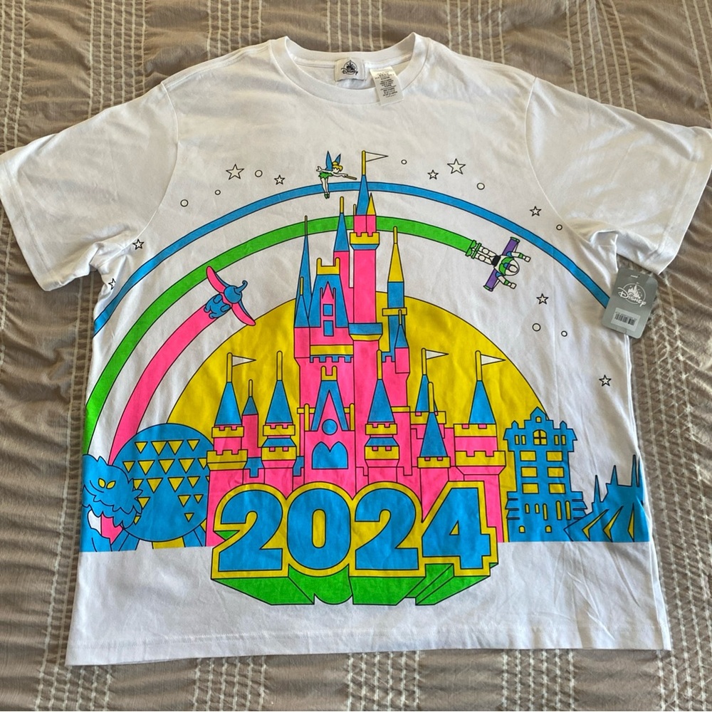 Disney Parks 2024 Magic Kingdom Castle Neon Graphic T-Shirt NWT Size XXL